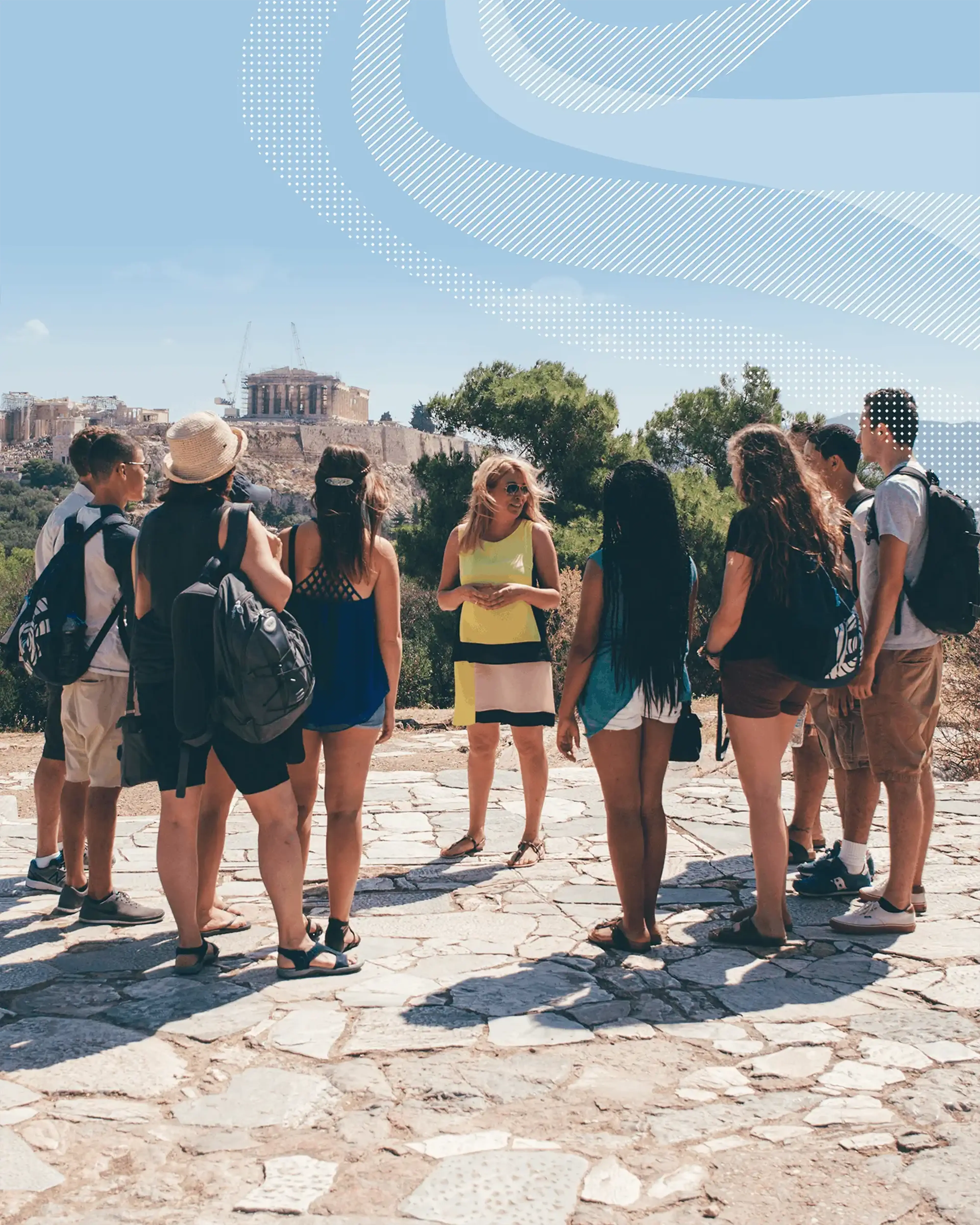 Students and group leader on tour in Greece