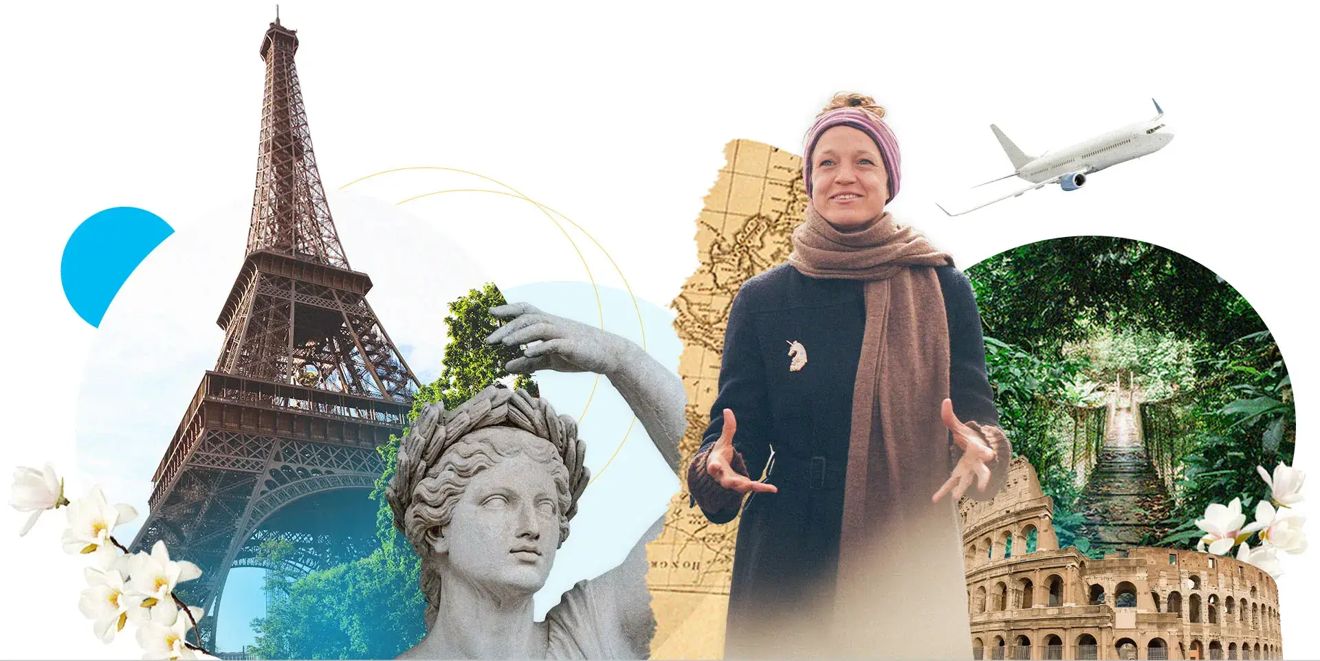 collage of a teacher with the eiffel tower, the colosseum, and other travel sites