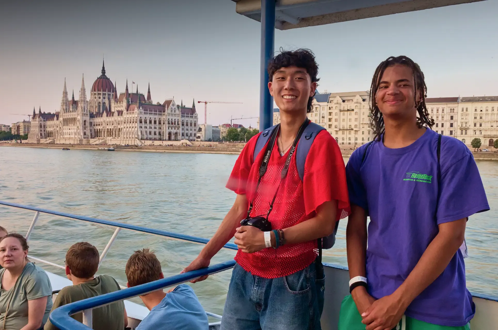 Two travelers on a boat in Budapest