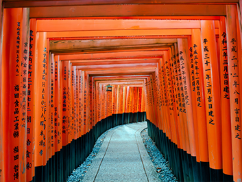 Torii gates at shrine in kyoto Japan