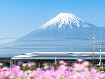 train in front of mount fuji in japan