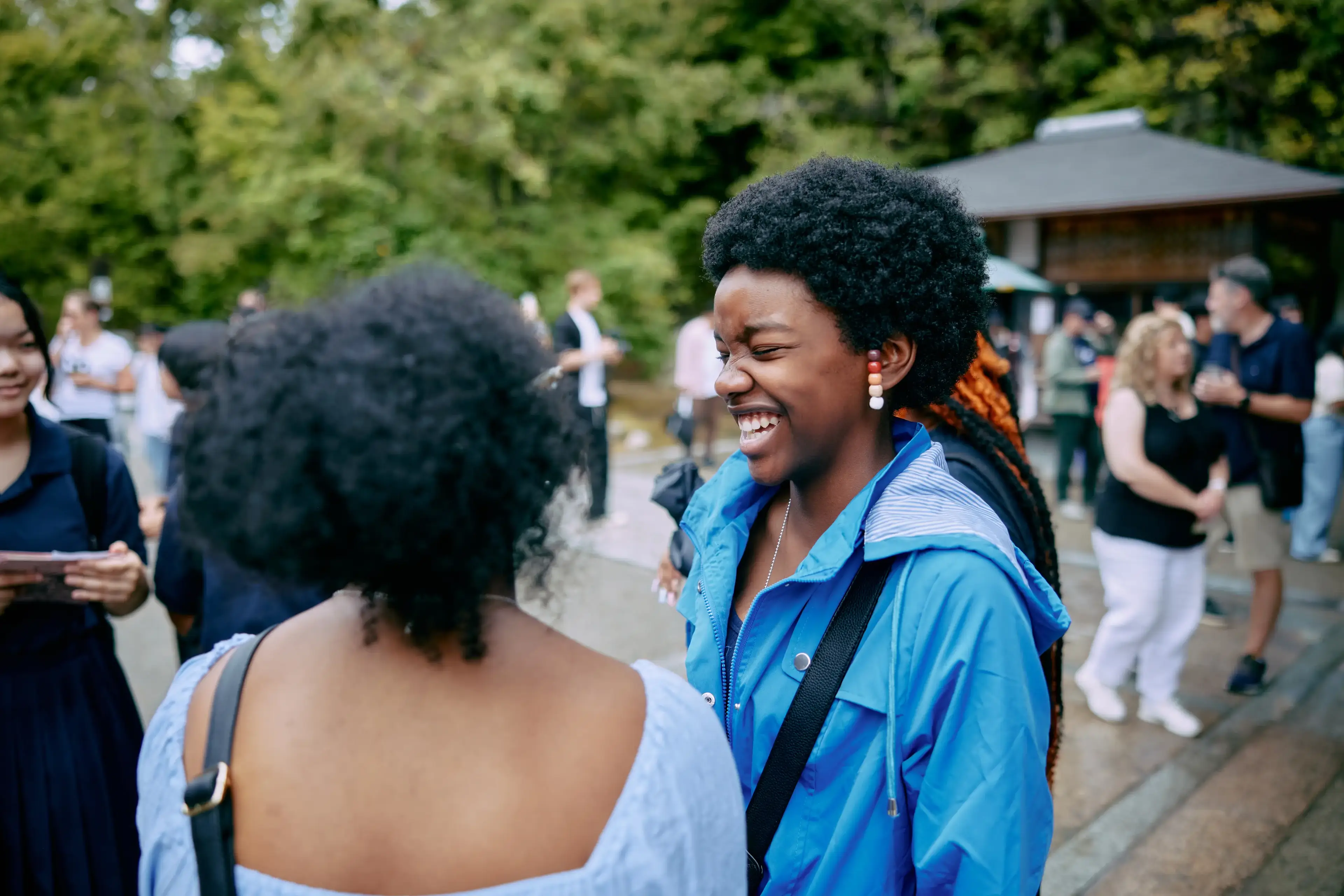 students talking on tour