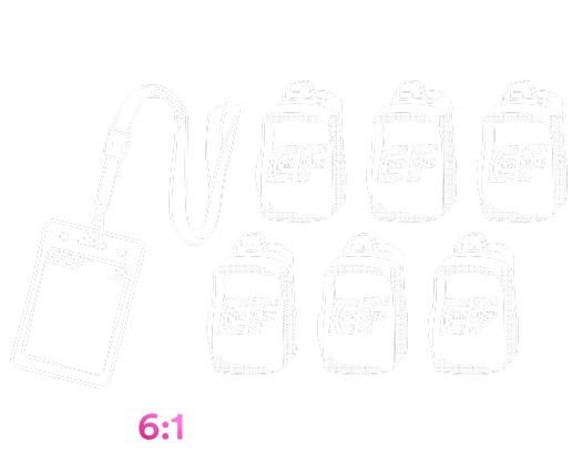 row of EF bacpacks and lanyard indicating the 6:1 student to chaperone ratio