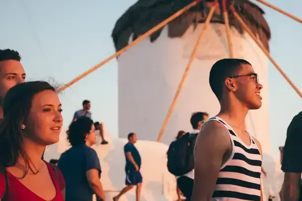 students at sunset in greece