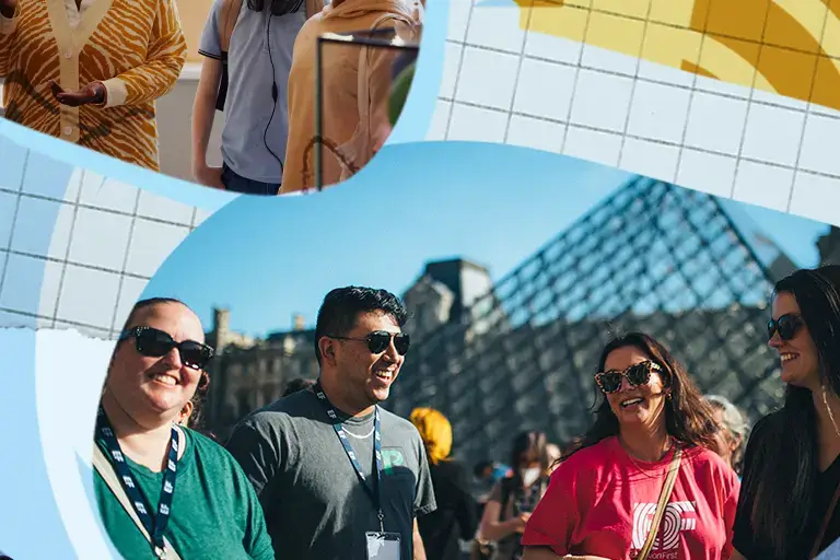 collage of a group leader talking to students and group leaders on a training tour