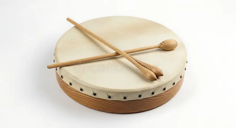 elevated-view-showcasing-bodhran-drum-traditional-irish-percussion-instrument-crossed-wooden-sticks-against-clean-white-400213601