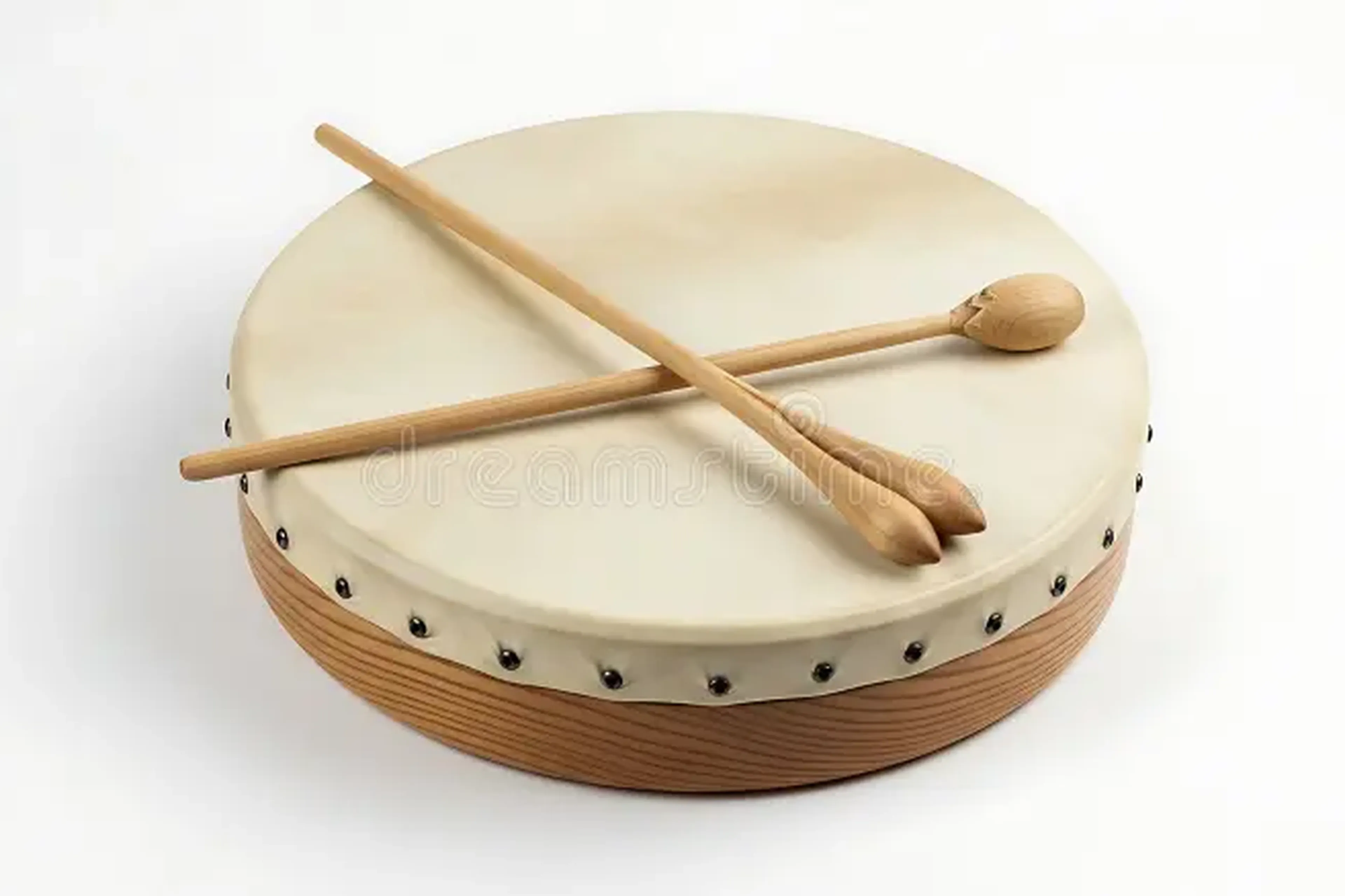 elevated-view-showcasing-bodhran-drum-traditional-irish-percussion-instrument-crossed-wooden-sticks-against-clean-white-400213601