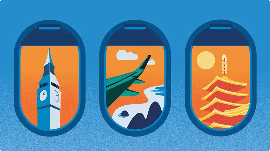 airplane windows with drawings of london and japan