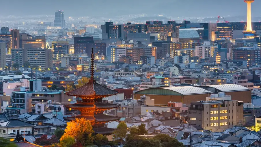 Kyoto, Japan Cityscape at dusk in the autumn season