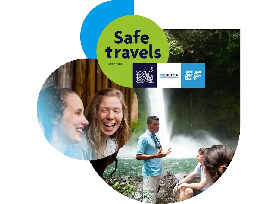 collage featuring students and the safe travels seal