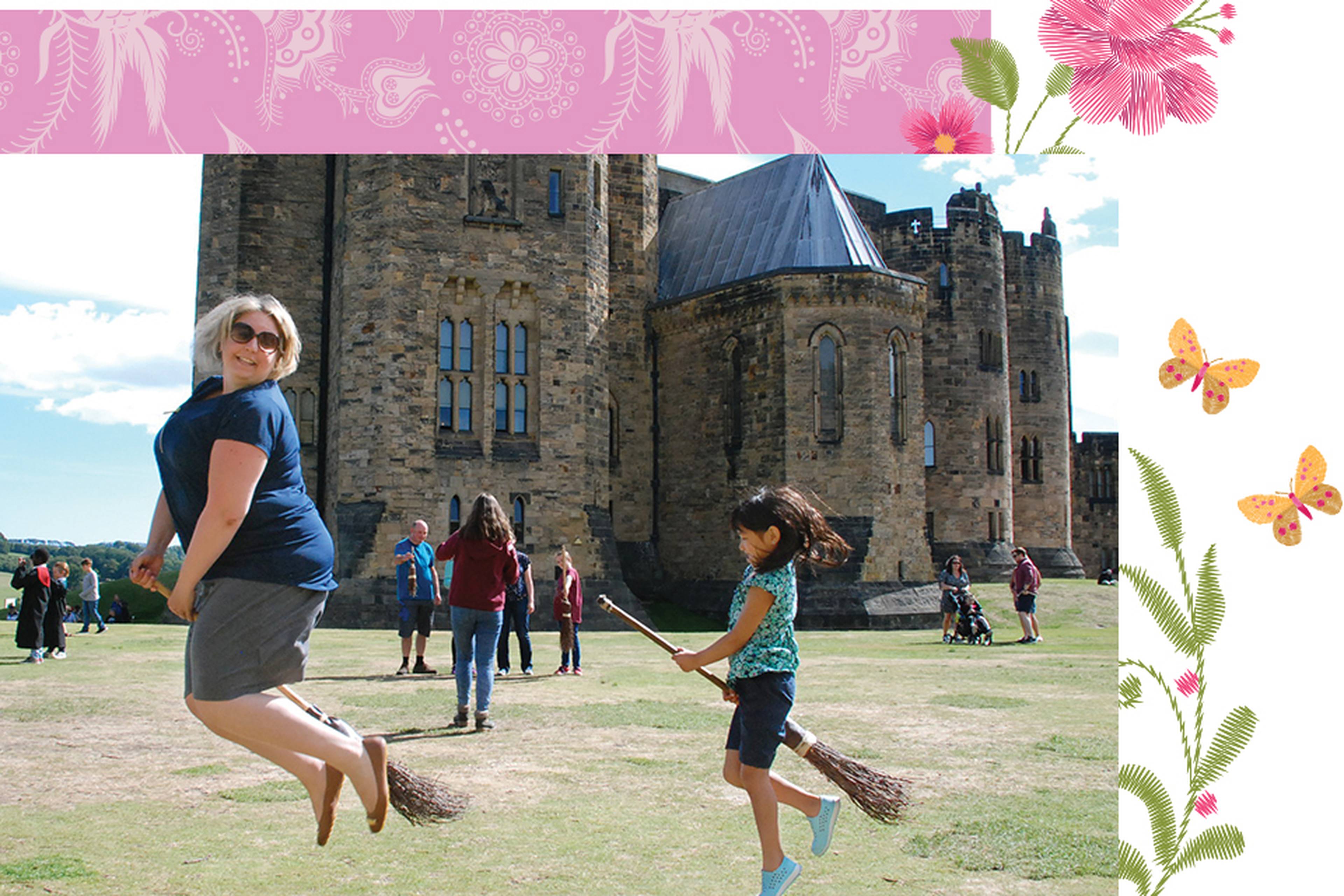 Caitlin and Elizabeth taking broomstick lessons. cross-cultural adoption 