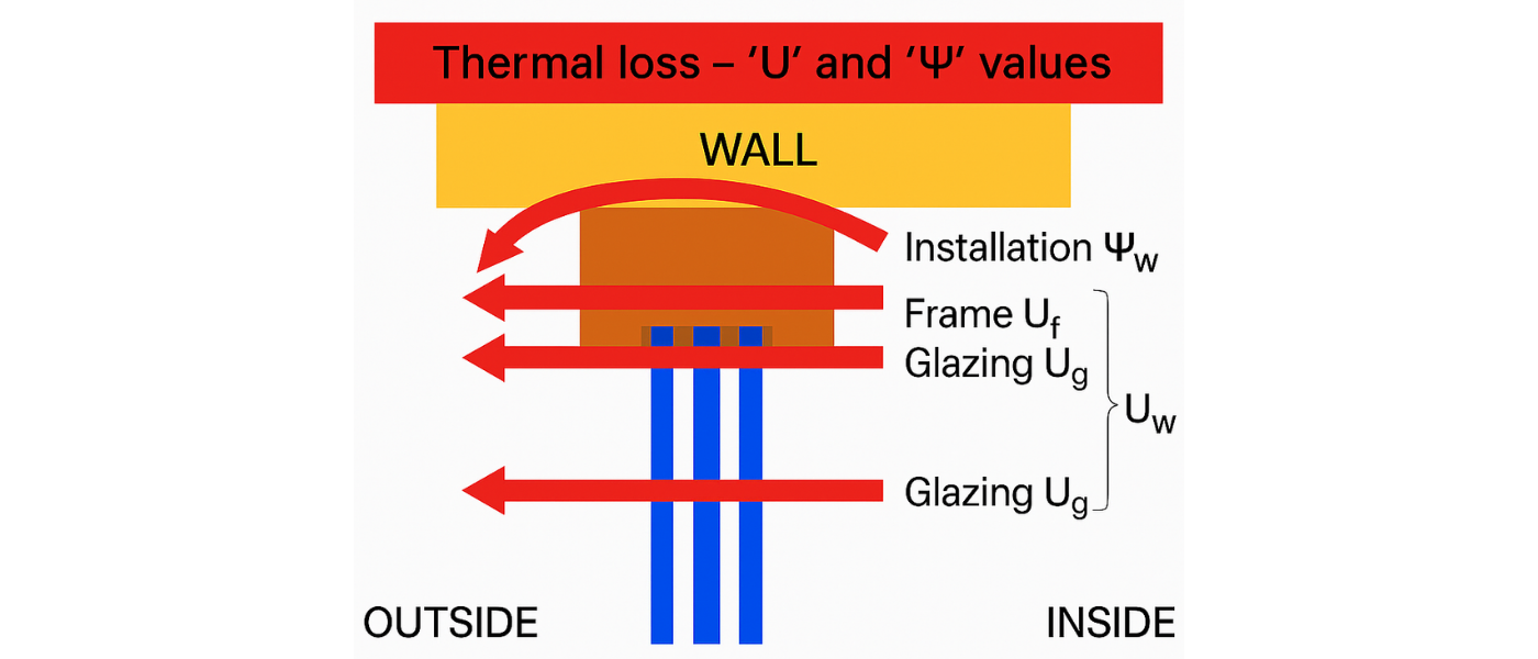 Diagram showing thermal loss through a wall, with arrows indicating heat flow. Labels include installation, frame, glazing, and their respective values.
