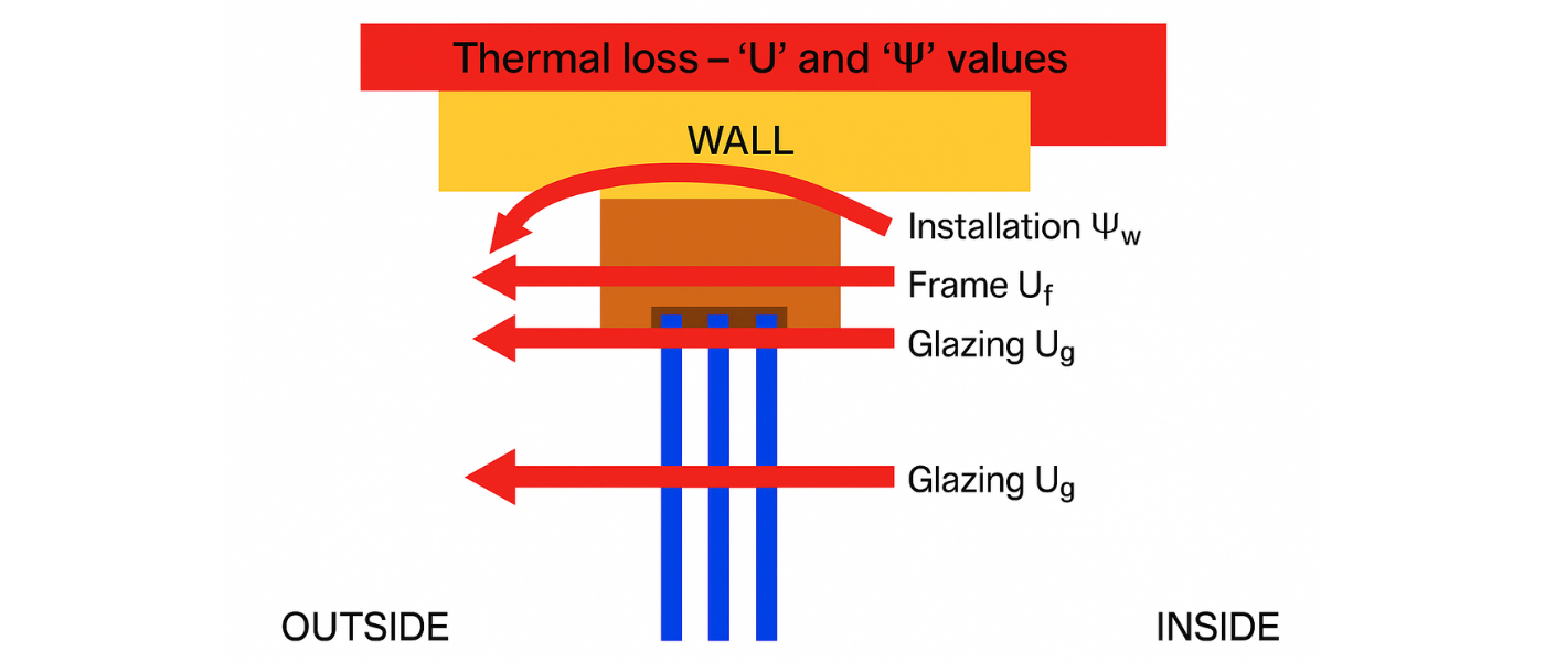 Diagram showing thermal loss through a wall with labeled components: installation, frame, and glazing. Arrows indicate heat flow from inside to outside.