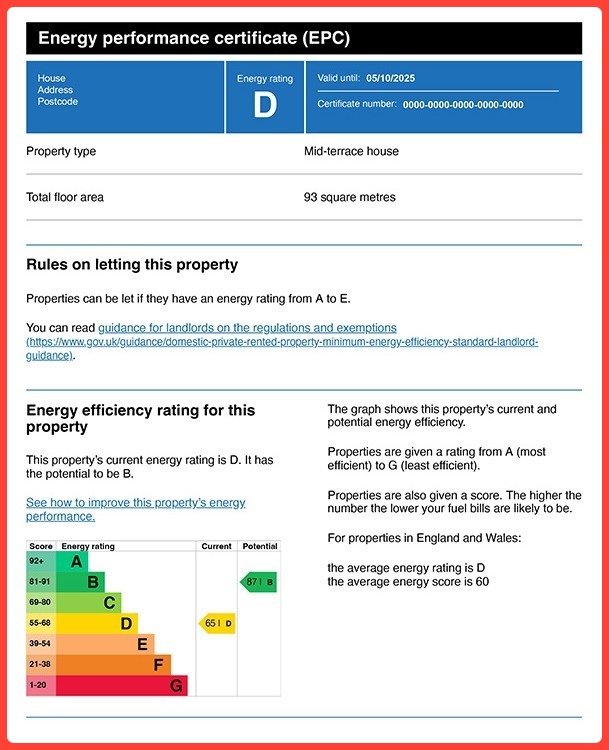 Energy performance certificate for a mid-terrace house, energy rating D, 93 sqm. Includes energy efficiency chart and property details.