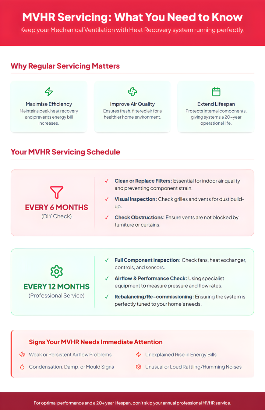 Infographic on MVHR servicing, highlighting regular checks every 6 and 12 months, benefits, and signs needing immediate attention.