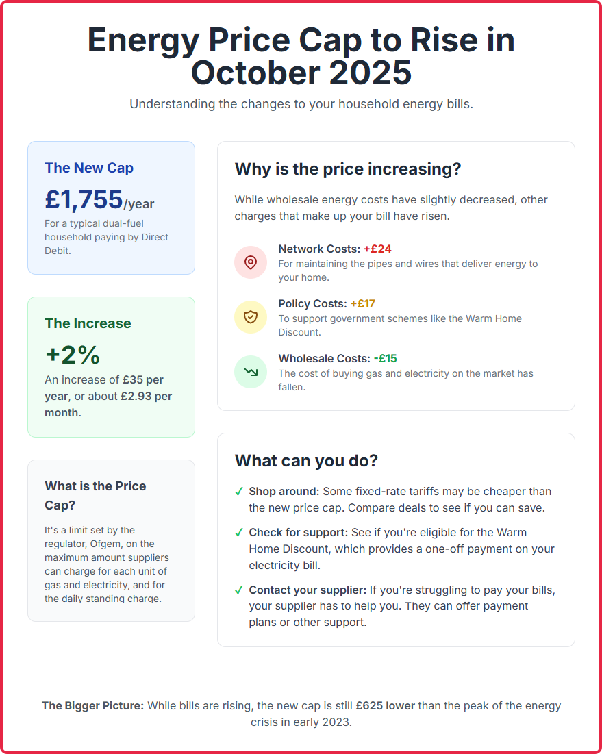 "Infographic on October 2025 energy price cap rise, detailing new cap, reasons for increase, and consumer advice on managing energy costs."