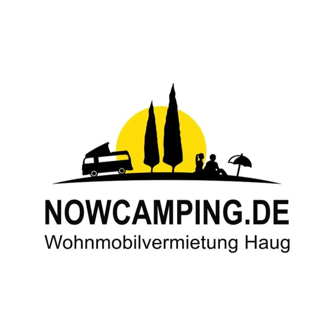 nowcamping Logo, camper, sonne, bäume, sonnenschirm