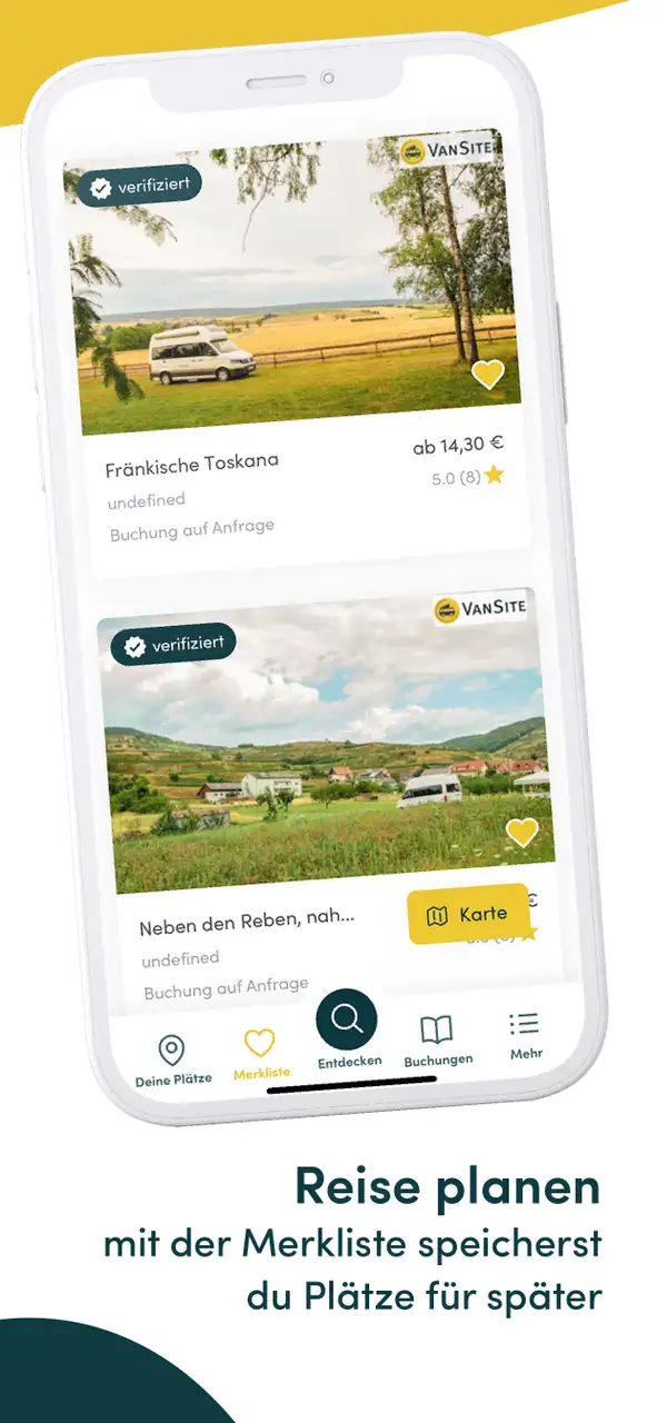 Persönliche Stellplatz-Merkliste - VanSite Stellplatz App