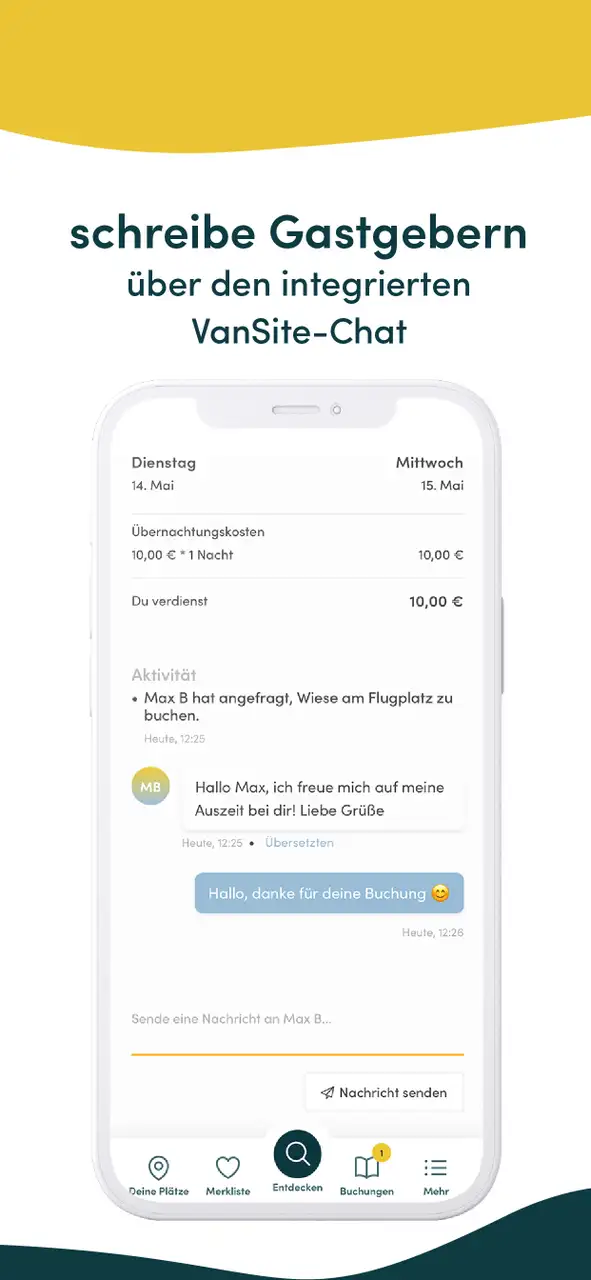 Chat mit Übersetzer zwischen Gast und Gastgeber - VanSite Stellplatz App