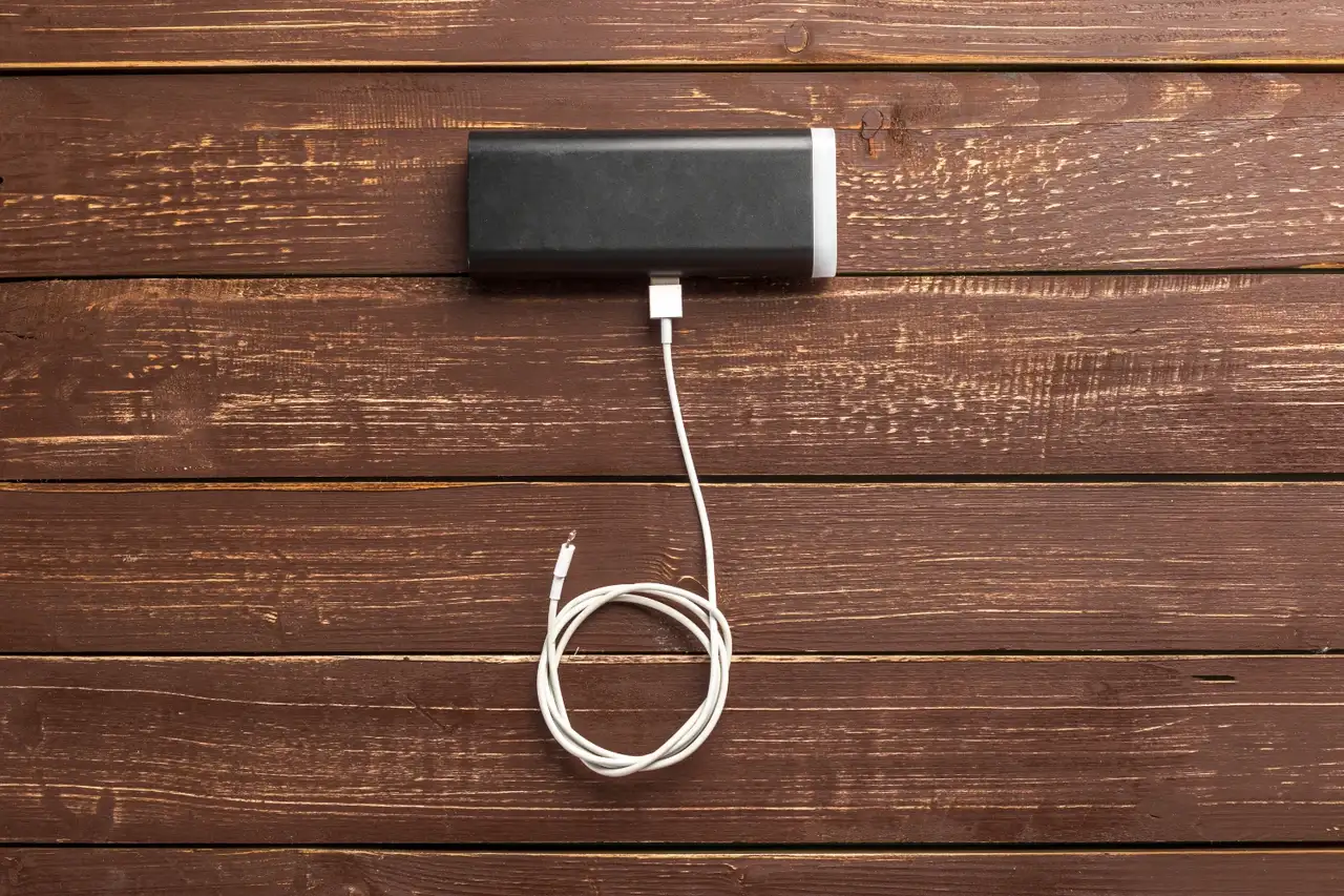 Powerbank und Kabel liegen auf Holz