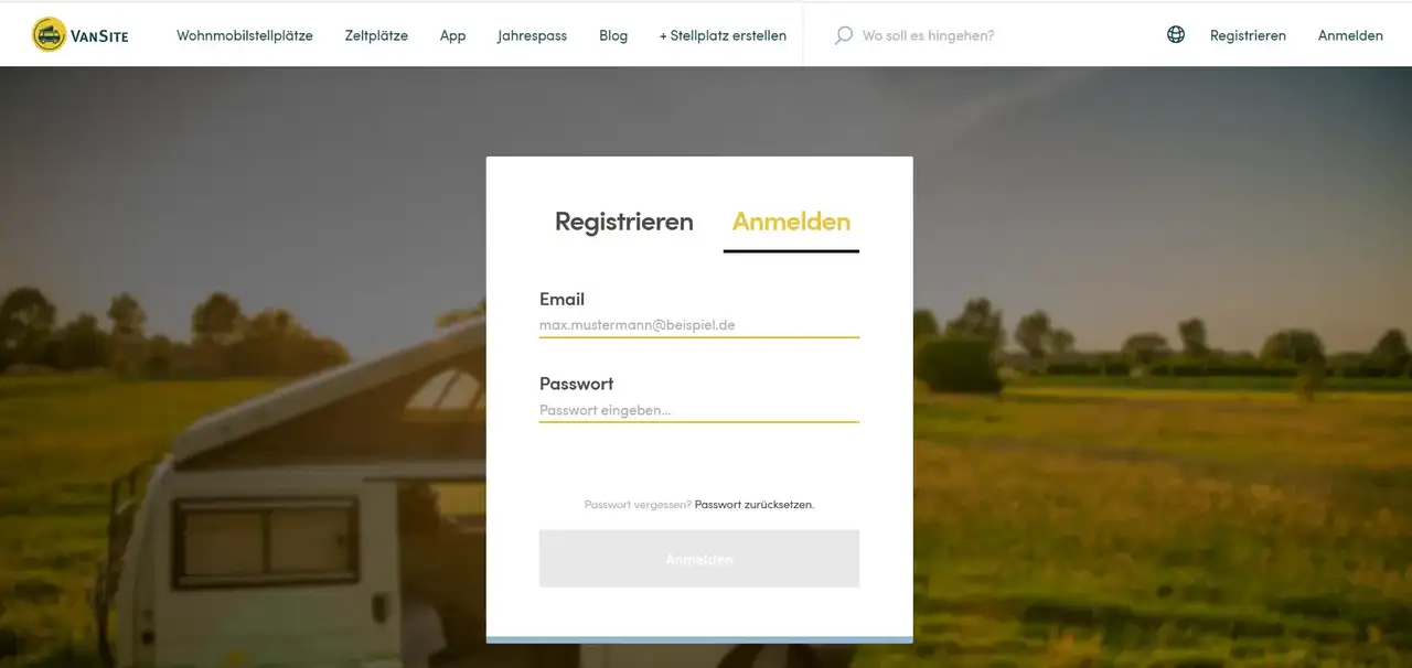 Anmelden bei VanSite E-Mail und Passwort