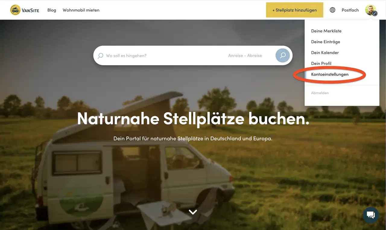 Kontoeinstellungen werden im Konto oben rechts im Bildschirm geöffnet