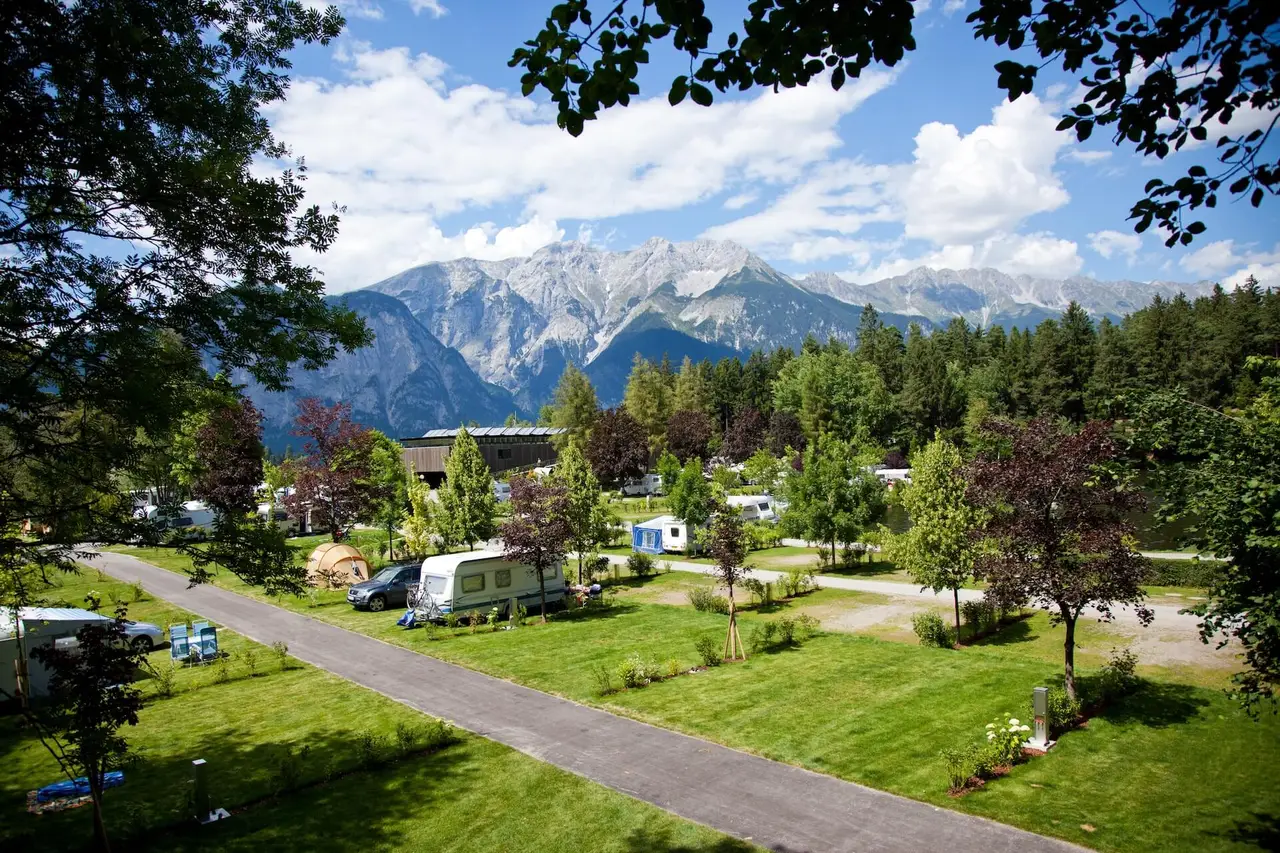 A campsite in front of a mountain