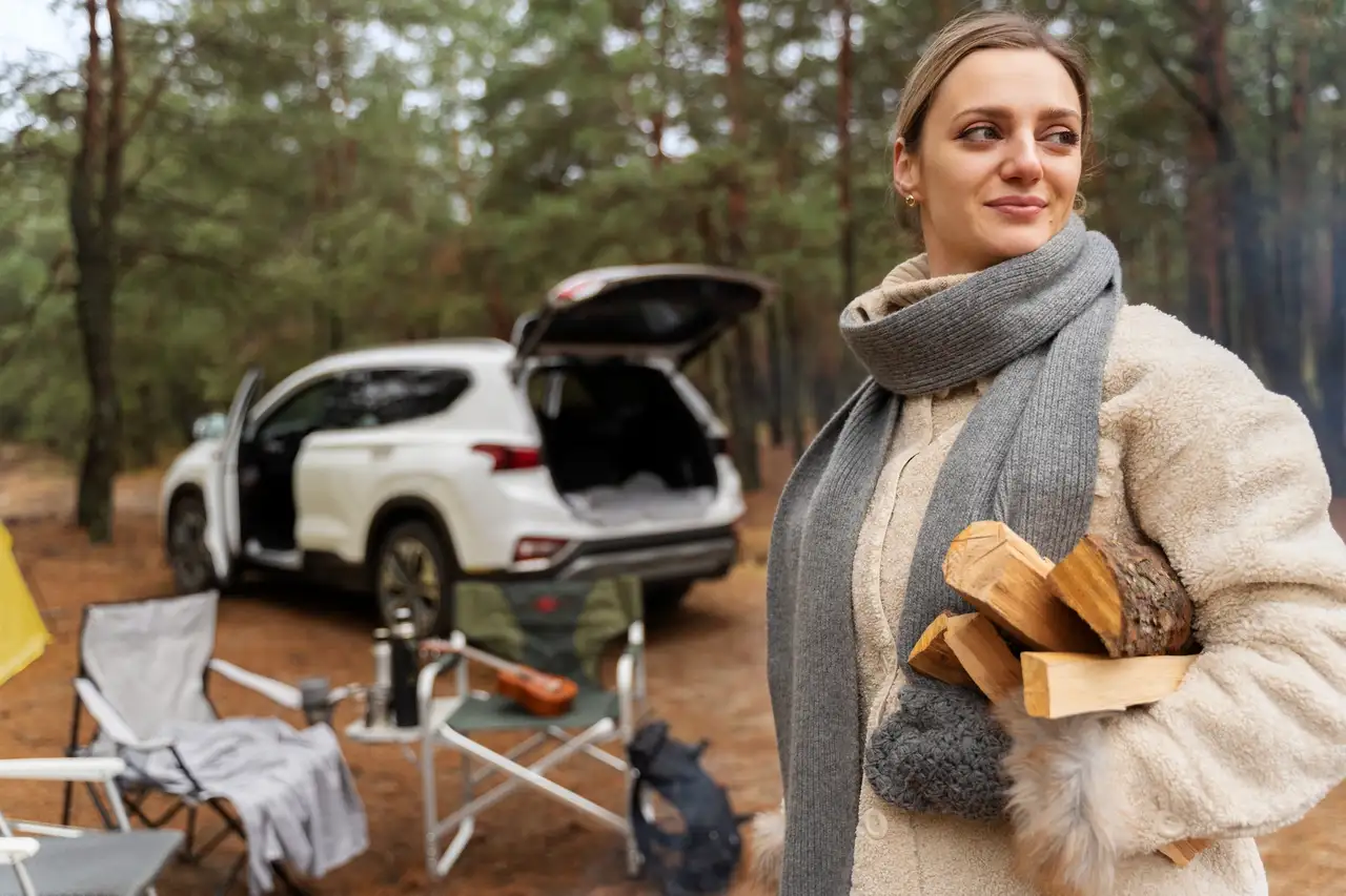 Frau mit Auto beim Wildcamping in Schweden
