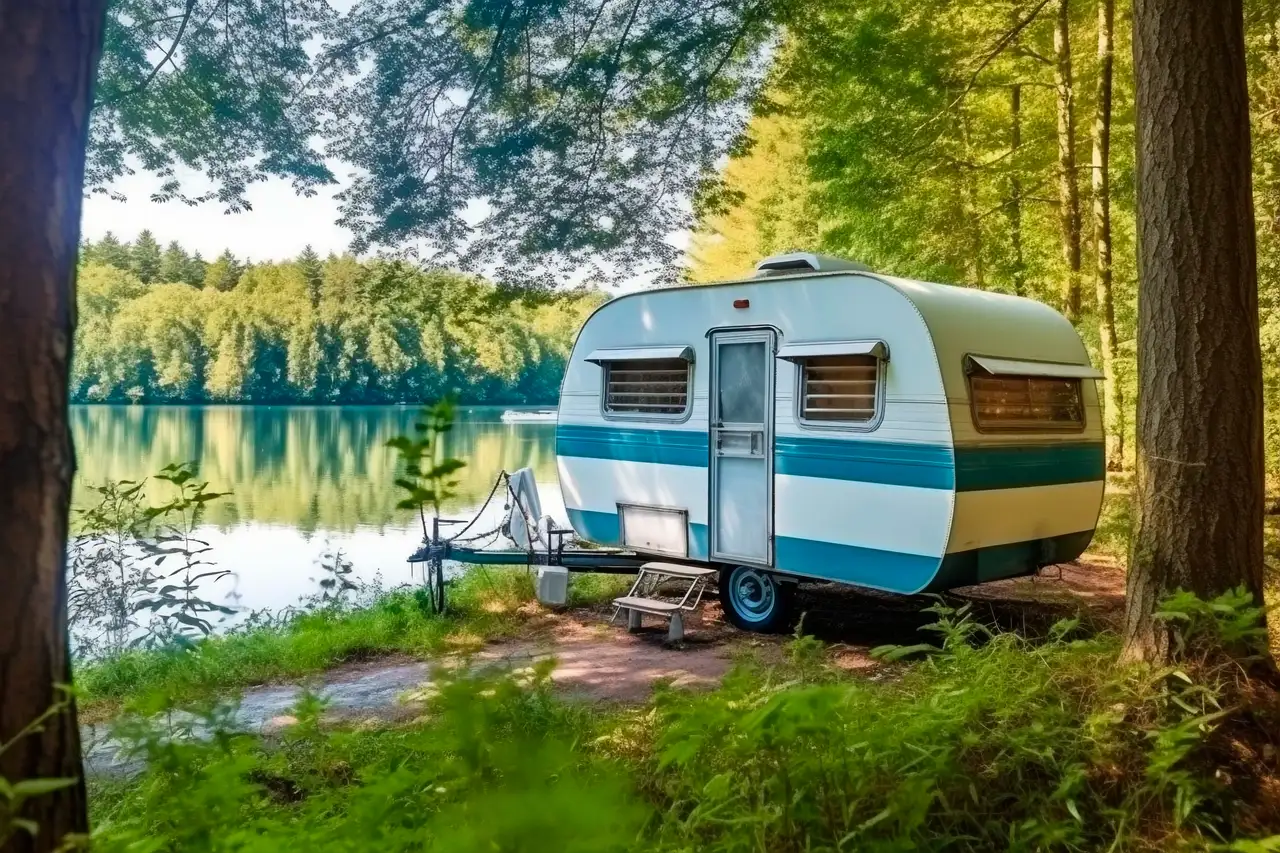 Wohnwagen-Stellplatz am See im skandinavischen Wald