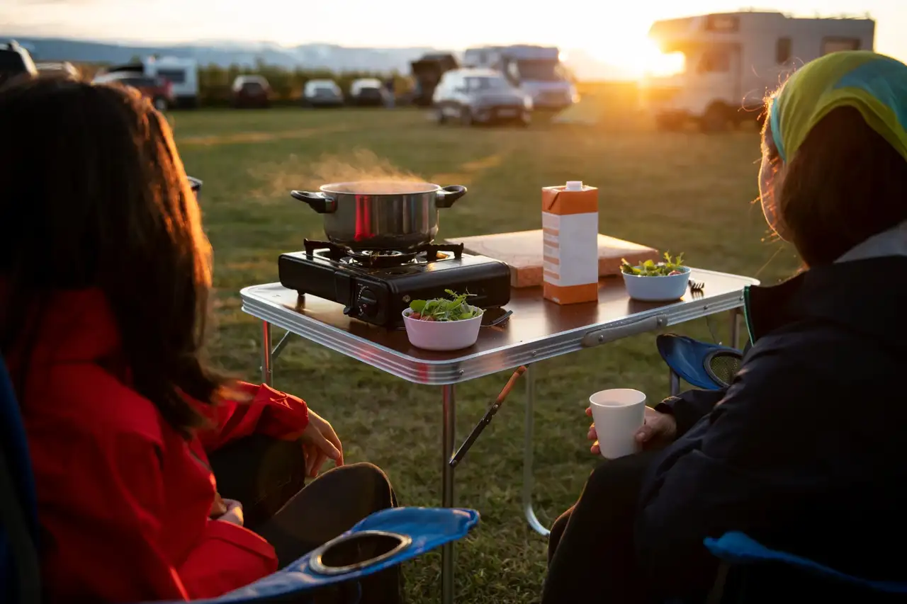 Zwei Personen sitzen an Klapptisch auf Campingplatz