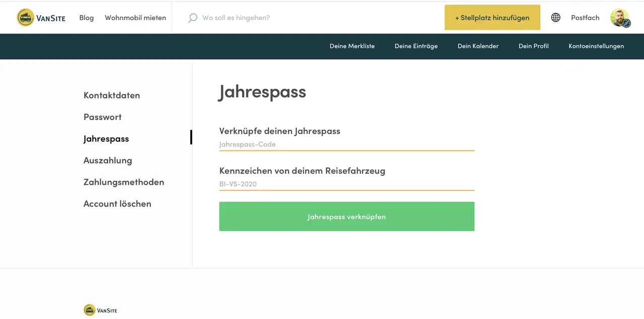 Jahrespass Kontoeinstellungen