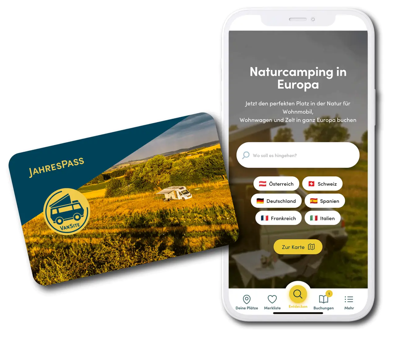 Ein VanSite JahresPass der sich vor einem Smartphone mit der VanSite App befindet