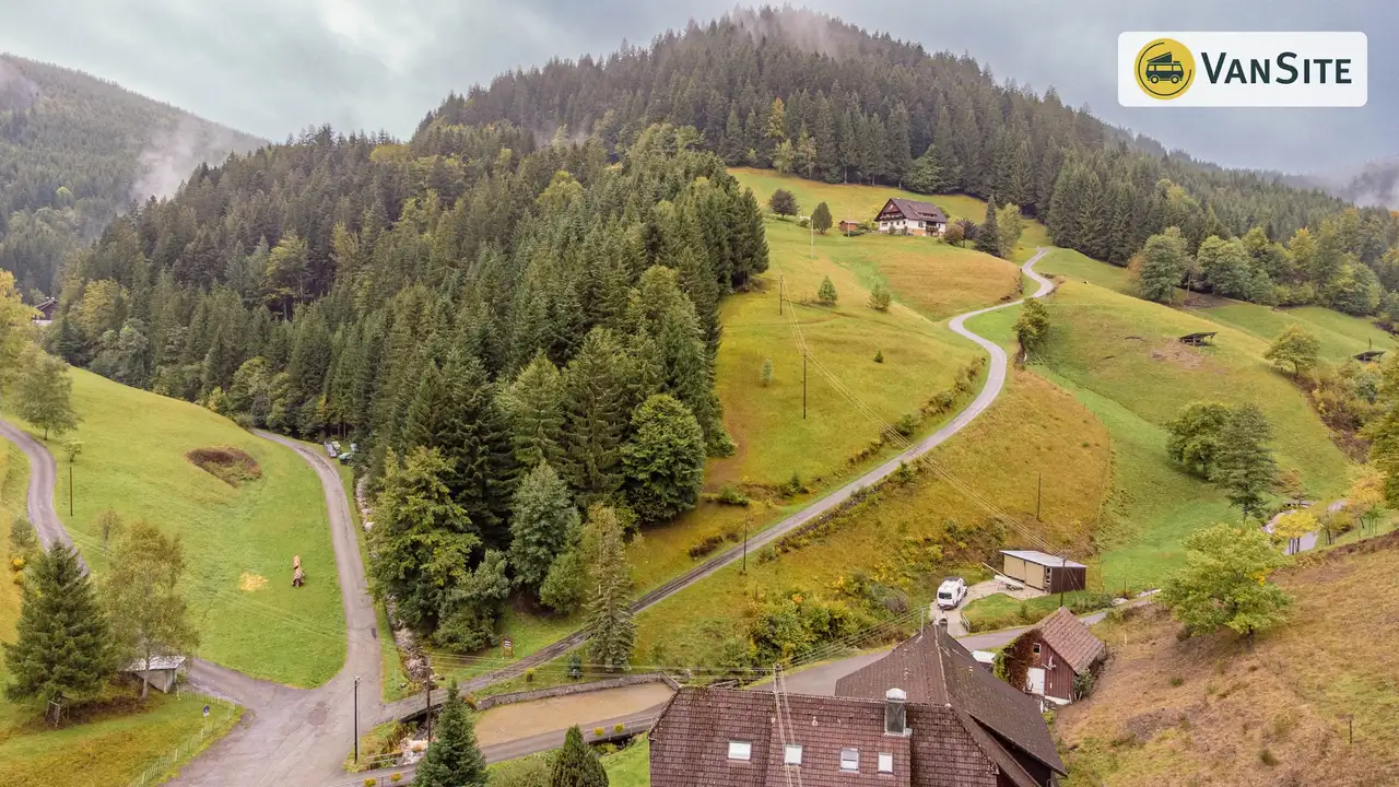 Blick auf Bäume, Wiesen und Berge im Schwarzwald