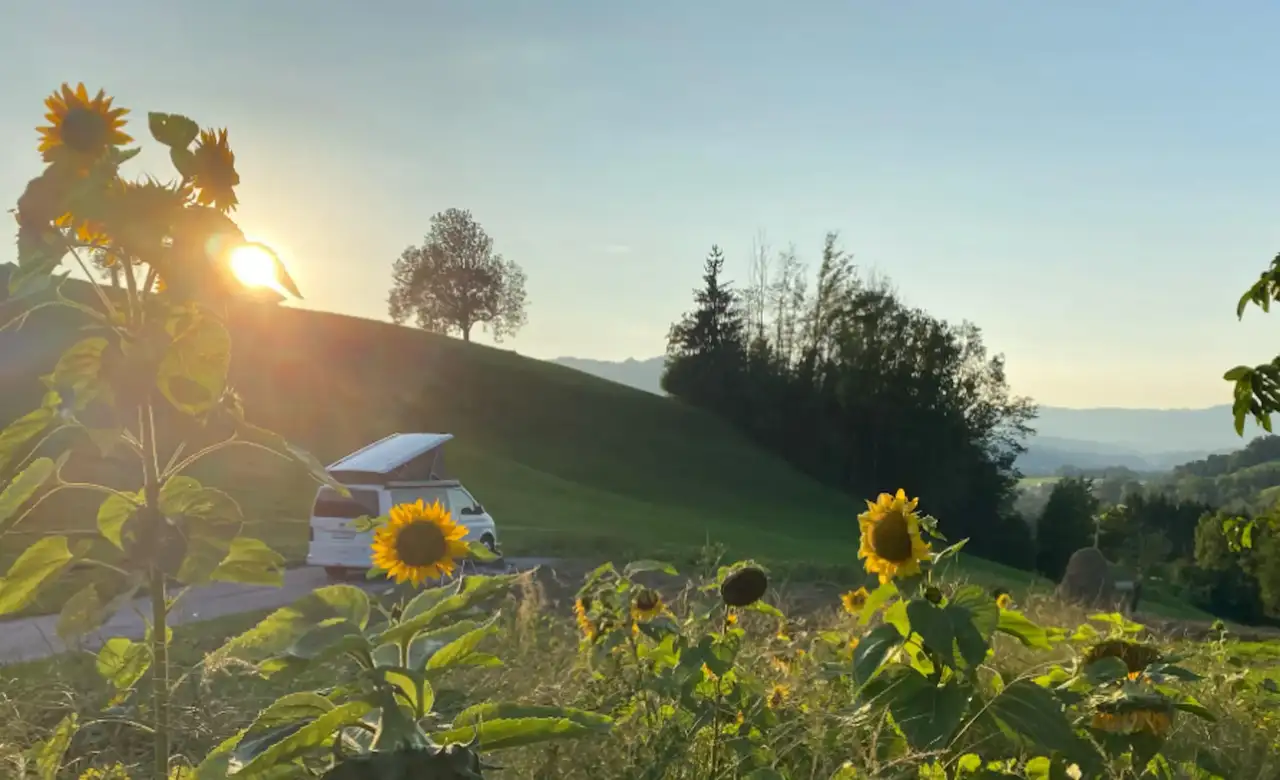 Van steht auf einem Stellplatz an einem hang mit Blick in die Berge