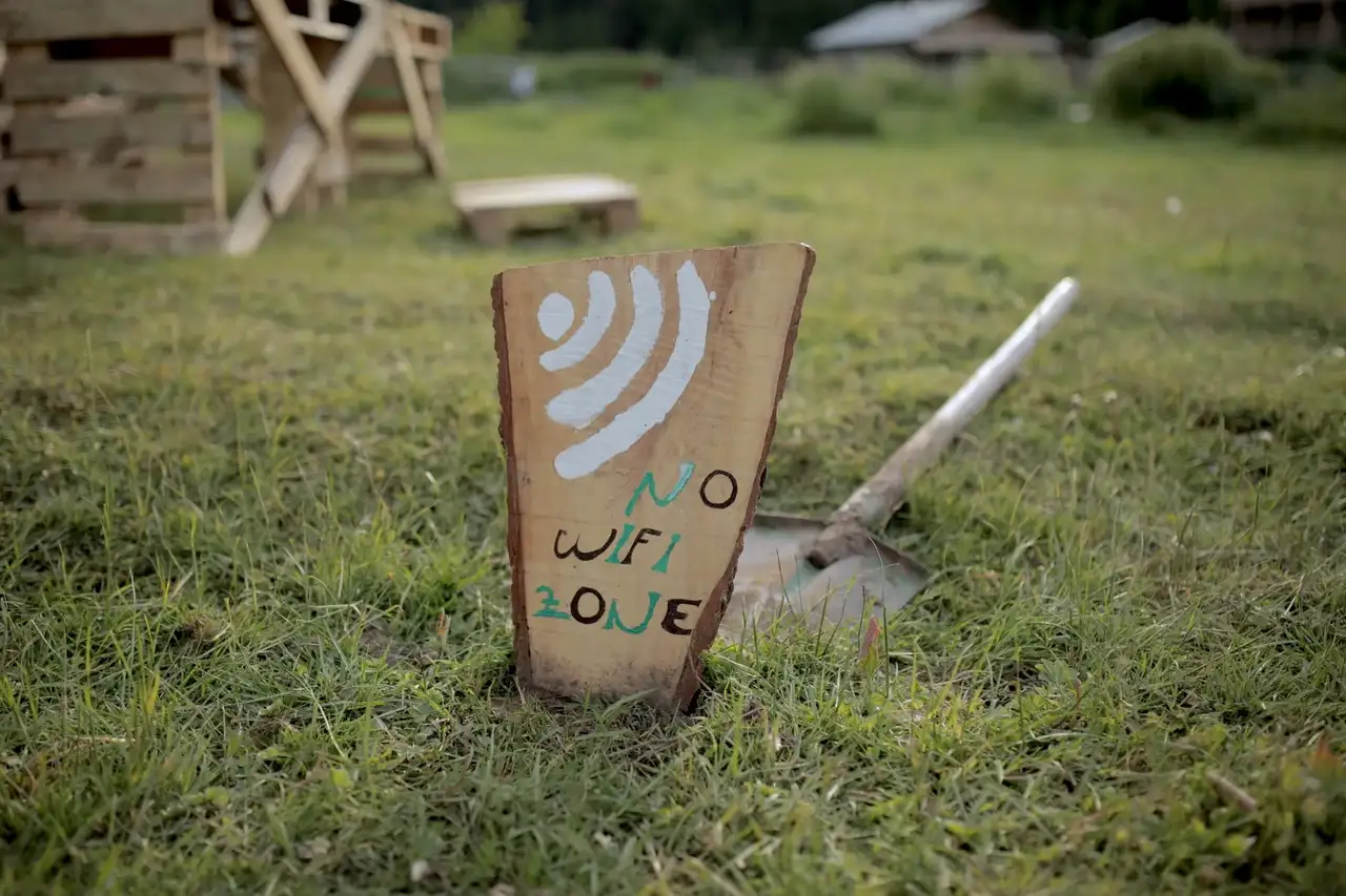 Kleines Holzschild mit der Aufschrift No Wifi Zone
