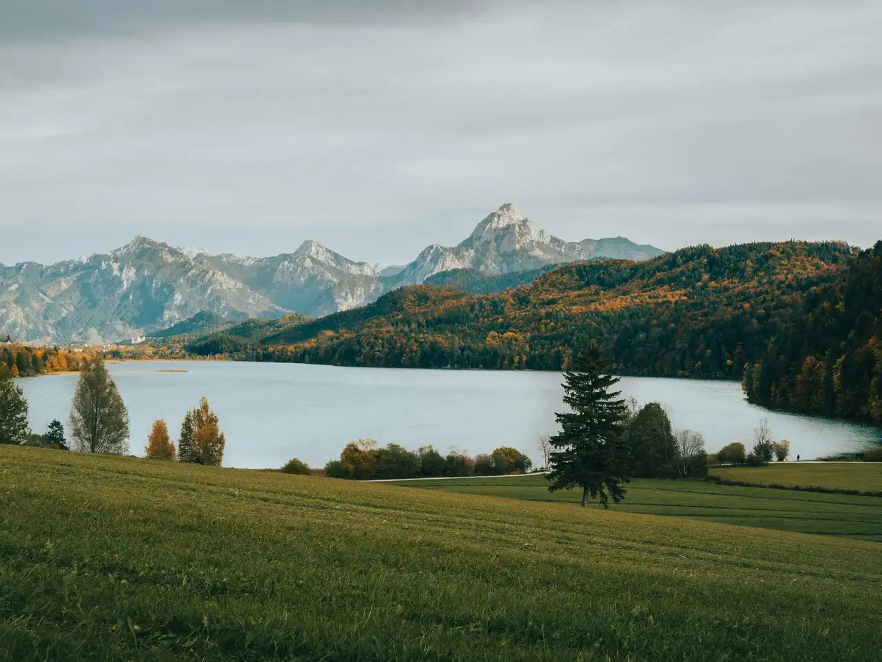 Herbstliche Landschaft mit Blick auf die Alpen und See in Füssen