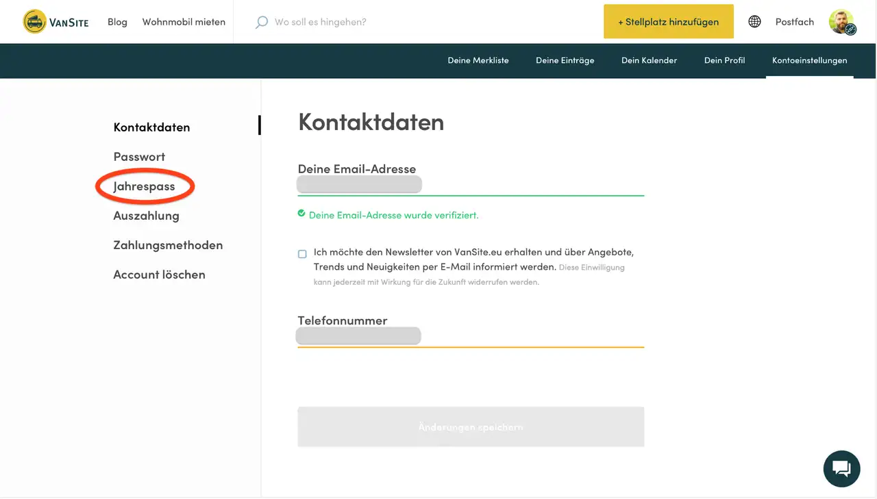 Jahrespass Einstellungen im Konto