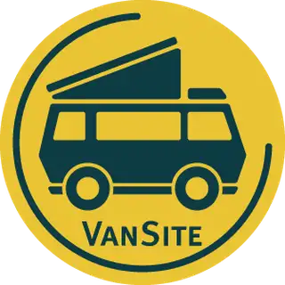 Bild- und Schriftlogo von VanSite als gelber Kreis mit grünem Van im Kreis und Schriftzug VanSite