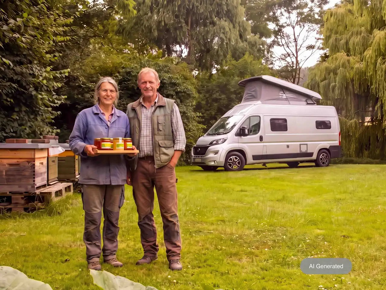 Two beekeepers holding honey jars stand beside wooden hives on a green lawn, with a white camper van parked among trees behind them.