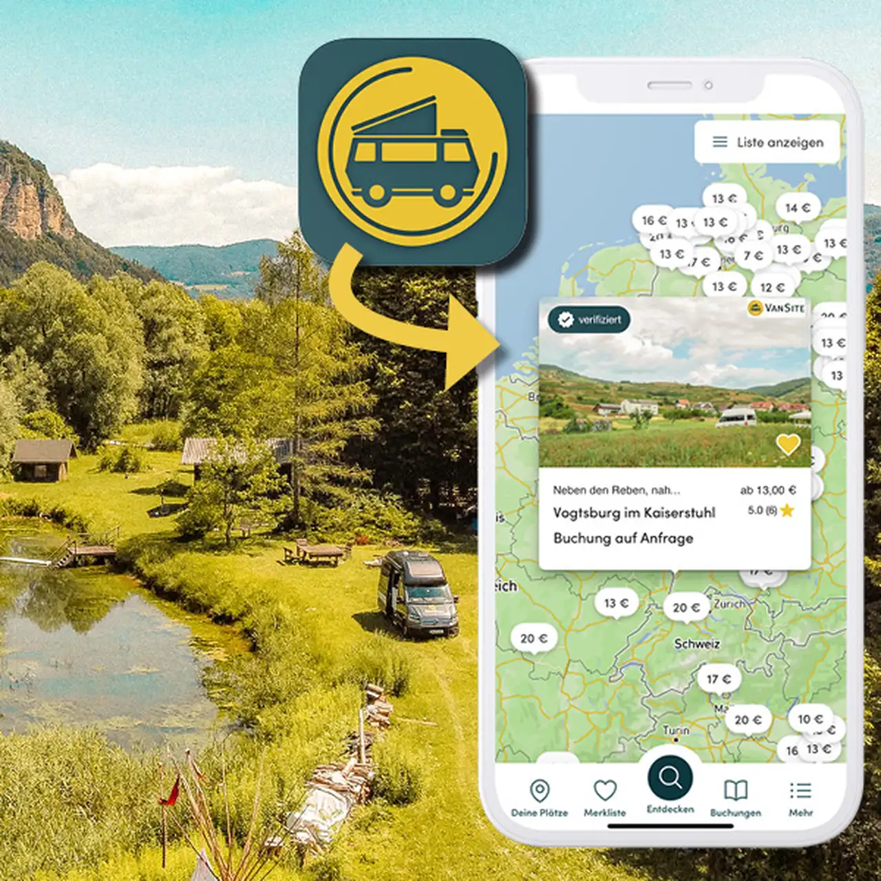 Stellplatz von VanSite im Hintergrund, davor ein Smartphone mit einem Stellplatz-Ergebnis und dem App-Logo
