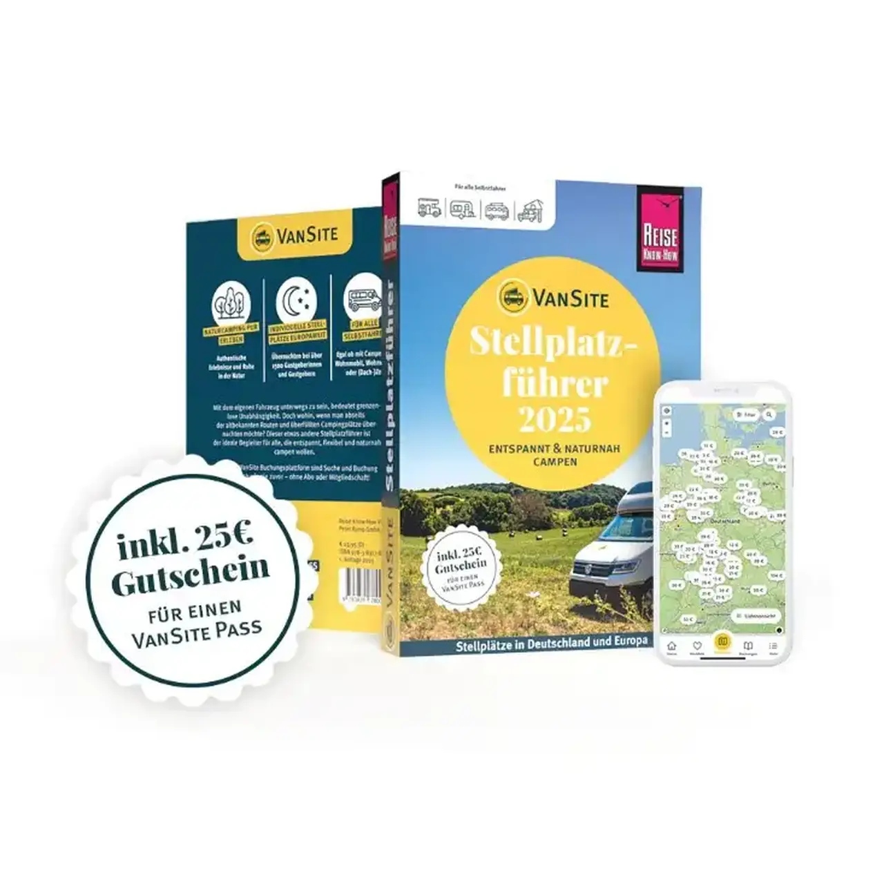 Stellplatzführer, 25 Euro Gutschein Sticker und Handy mit geöffneter VanSite App