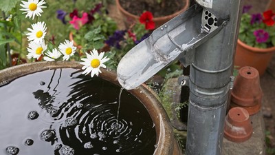 Aus einem Ausguss in der Regenrinne fließt Regenwasser in eine gut gefüllte Regentonne.