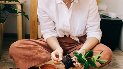junge Frau sitzt auf dem Boden und topft pflanzen um