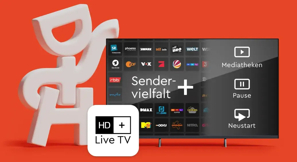 Fernseher mit verschiedenen Sendersymbolen und Funktionen wie „Mediatheken“, „Pause“ und „Neustart“ vor rotem Hintergrund sowie dem HD+ Live-TV-Logo.