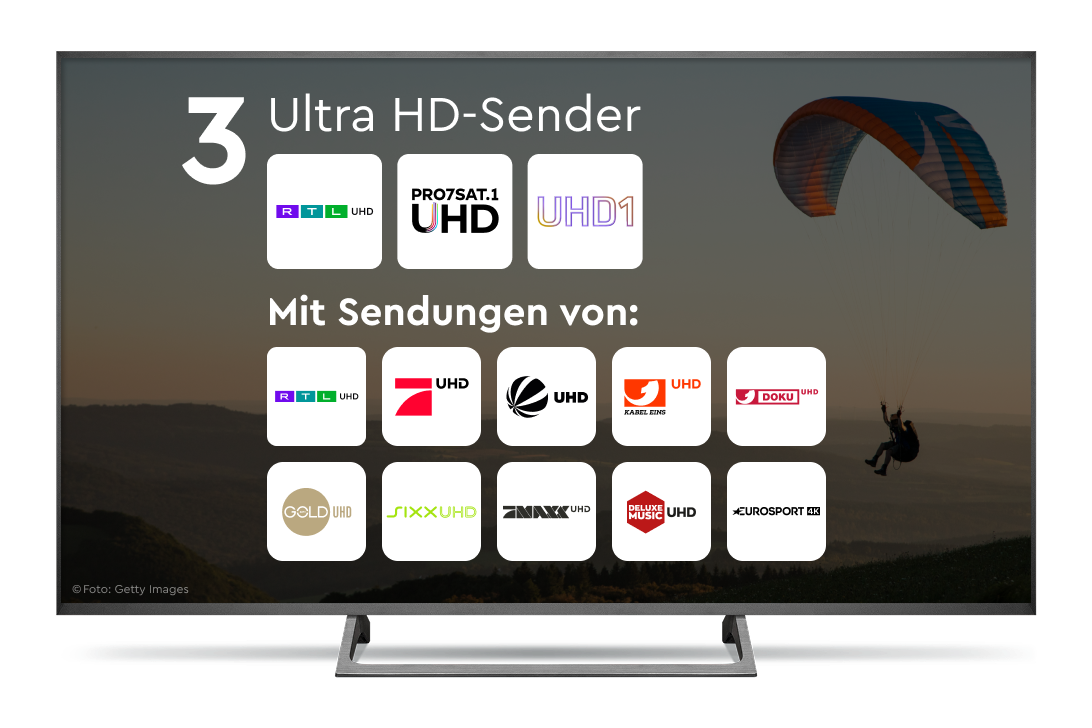 Fernsehbildschirm, auf dem die Logos verschiedener Ultra-HD-Sender zu sehen sind, vor dem Hintergrund eines Gleitschirmfliegers am Himmel.