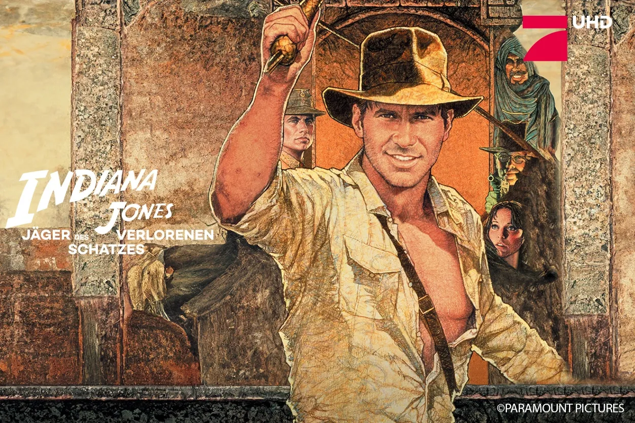 Ein Poster, auf dem ein abenteuerlustiger Mann mit Hut zu sehen ist, umgeben von verschiedenen Figuren, mit dem Titel „Indiana Jones“ und deutschem Text.