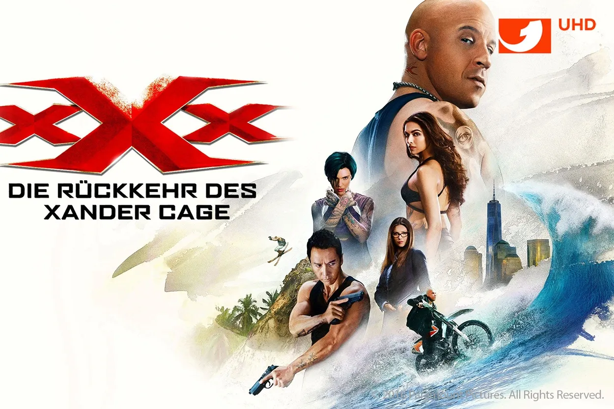 Collage aus Actionszenen und Figuren aus „Die Rückkehr des Xander Cage“, darunter ein Motorrad, eine Stadtkulisse und Wellen.