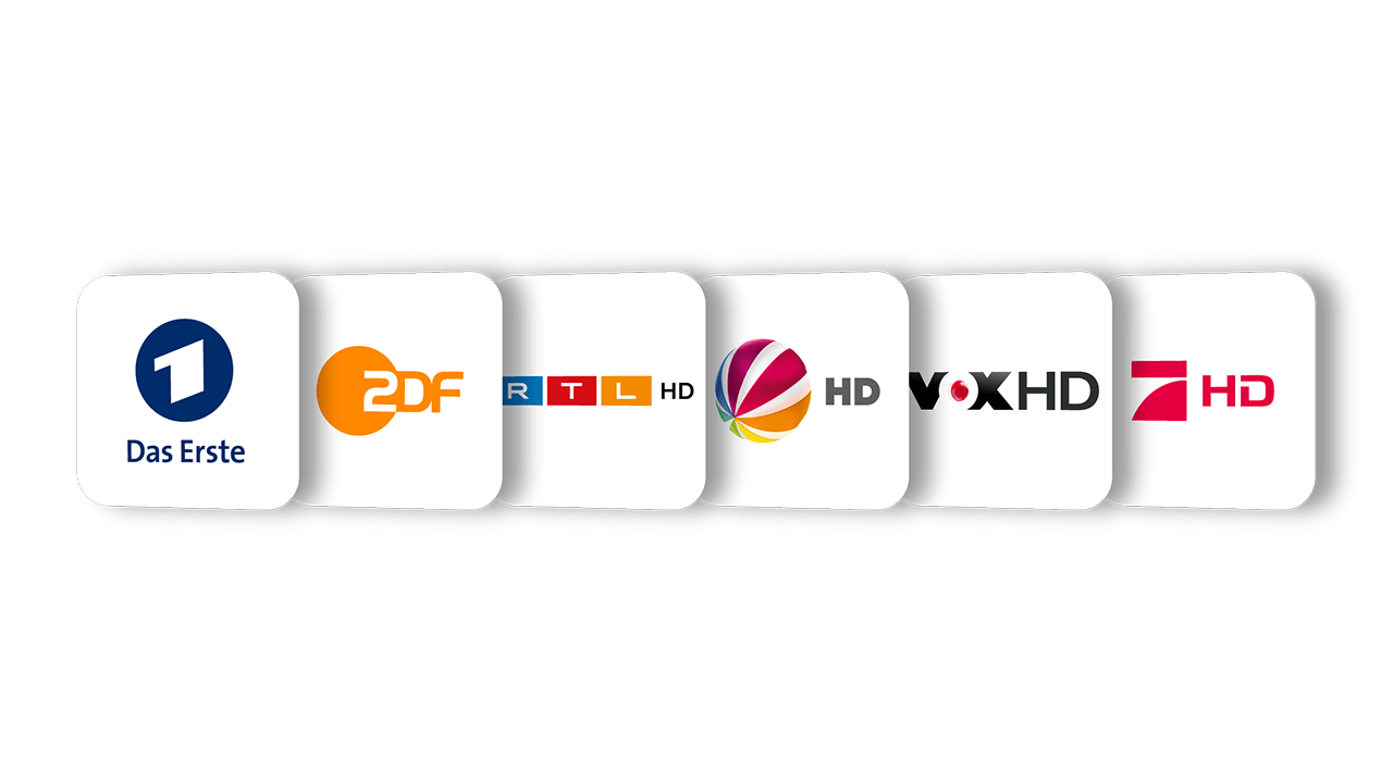 Logos von sechs deutschen Fernsehsendern: Das Erste, ZDF, RTL HD, Sat.1 HD, VOX HD und ProSieben HD, nebeneinander auf weißem Hintergrund dargestellt.