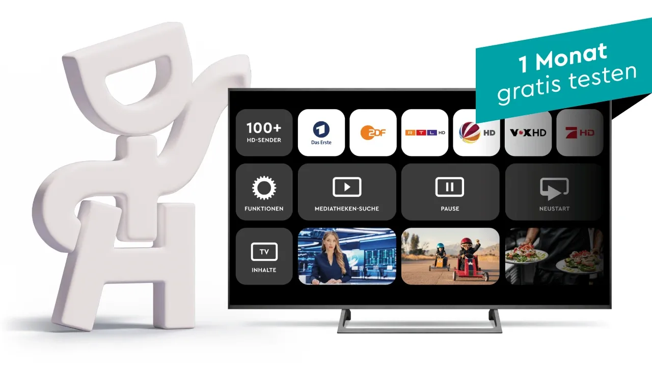 Fernseher mit verschiedenen Kanälen und angezeigten Funktionen, darunter Funktionen wie „Pause“ und „Weiter“. Der Text bietet eine einmonatige kostenlose Testphase an.