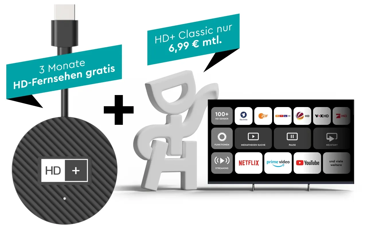 Werbefoto, das einen HD+ TV-Stick und einen Fernseher zeigt, auf dem Apps wie Netflix und Prime Video zu sehen sind. Bietet 3 Monate kostenloses HD und HD+ Classic für 6,99 € pro Monat.